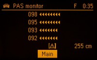 ukázka zobrazení PAS monitoru na GID displeji – snímače pouze vzadu